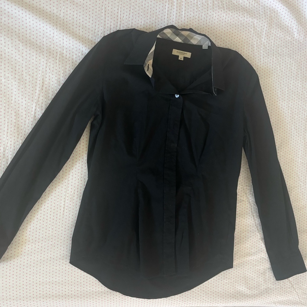 Burberry Black Button-Down Shirt with Plaid Collar Trim